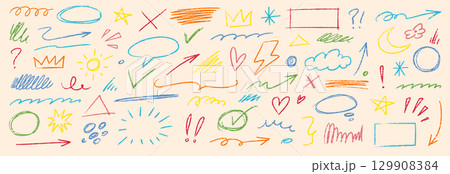 Pencil color crayon line element set. Hand drawn scribble chalk pencil stroke colorful swirl, flower, cloud and arrow shape with crayon rough texture. Children paint background. Vector 129908384