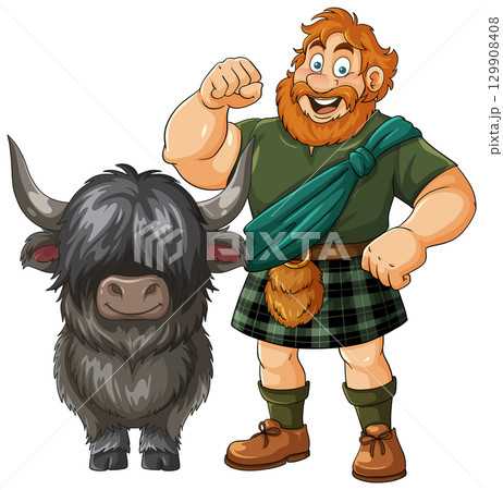 Scottish Highlander with Highland Cow Cartoon Illustration Scottish Highlander with Highland Cow Cartoon Illustration 129908408