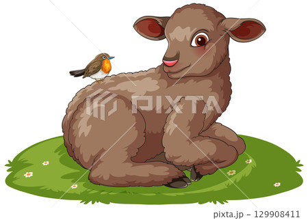 Cartoon Lamb Resting on Grass with Robin Bird 129908411
