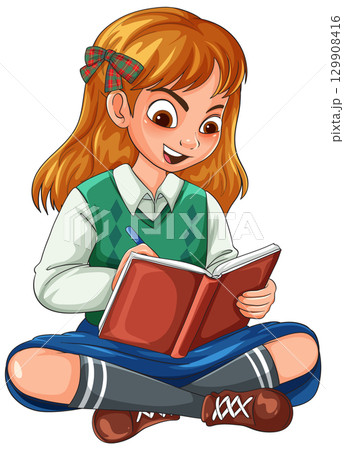 Smiling Schoolgirl Writing in Notebook While Sitting Cross-Legged Smiling Schoolgirl Writing in Notebook While Sitting Cross-Legged 129908416