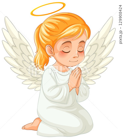 Kneeling Angel with Golden Halo and Wings 129908424