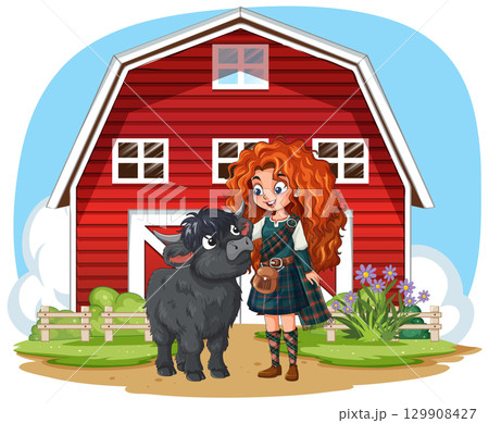 Girl in Tartan Dress with Highland Cow at Red Barn Girl in Tartan Dress with Highland Cow at Red Barn 129908427