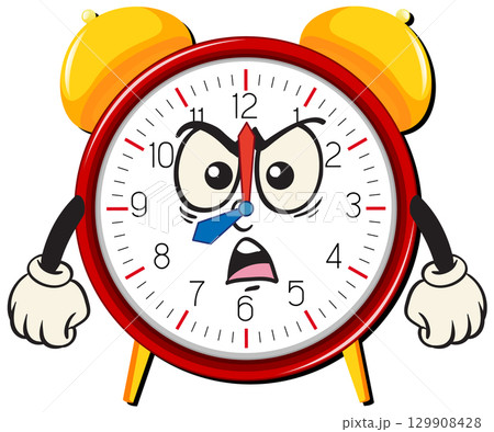 Angry Cartoon Alarm Clock with Expressive Face 129908428