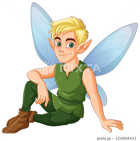Charming Fairy with Blue Wings and Blonde Hair 129908431