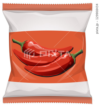 Spicy Snack Chips Packet with Red Chili Peppers 129908434