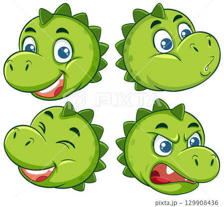 Cartoon Dinosaur Faces with Four Distinct Emotions 129908436