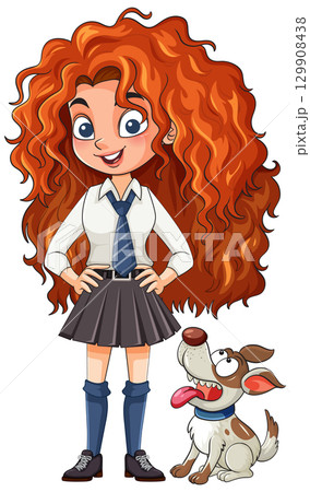 Curly Haired Schoolgirl Standing With Happy Dog Curly Haired Schoolgirl Standing With Happy Dog 129908438