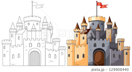 Medieval Stone Castle with Towers and Red Flag 129908440