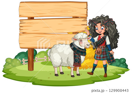 Scottish Girl Petting Sheep Near Wooden Sign Outdoors 129908443