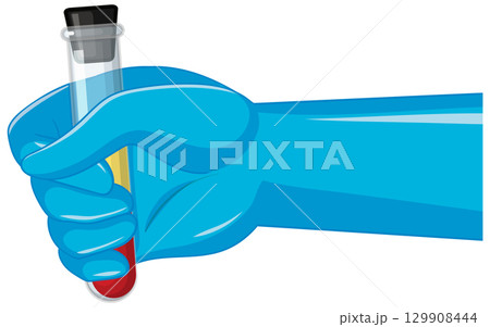 Gloved Hand Holding Blood Sample Test Tube 129908444