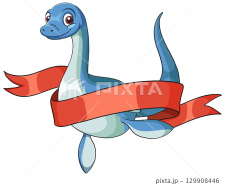 Cartoon Plesiosaur with Red Ribbon Banner Cartoon Plesiosaur with Red Ribbon Banner 129908446