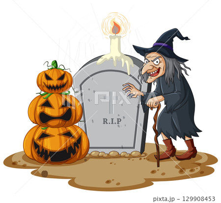 Witch with Jack-o'-Lanterns at Spooky Graveyard Witch with Jack-o'-Lanterns at Spooky Graveyard 129908453