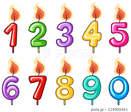 Colorful Birthday Candle Numbers with Flames Vector Set 129908461