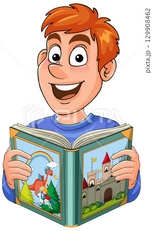 Smiling Boy Reading Illustrated Storybook With Castles 129908462