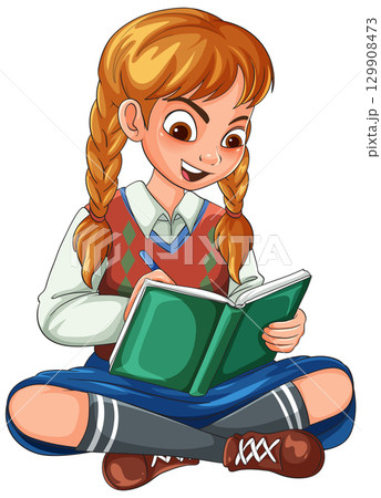 Smiling Schoolgirl with Braids Reading a Book 129908473
