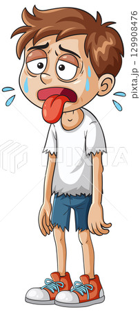 Exhausted Boy Cartoon with Sweat and Tired Expression Exhausted Boy Cartoon with Sweat and Tired Expression 129908476