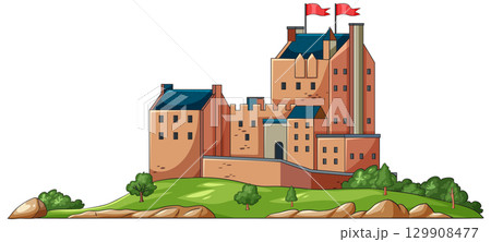 Historic Scottish Castle on Green Hill Vector Illustration Historic Scottish Castle on Green Hill Vector Illustration 129908477
