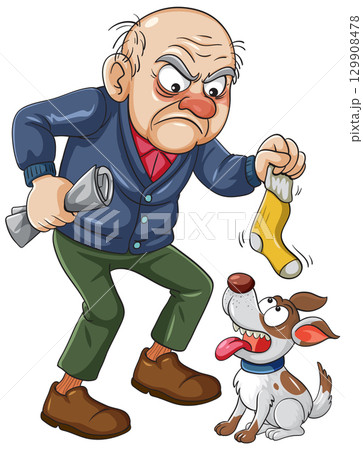 Angry Elderly Man Scolding Dog With Stolen Sock Angry Elderly Man Scolding Dog With Stolen Sock 129908478
