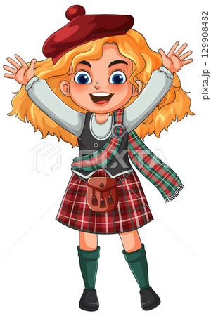 Happy Girl in Traditional Scottish Highland Dress 129908482
