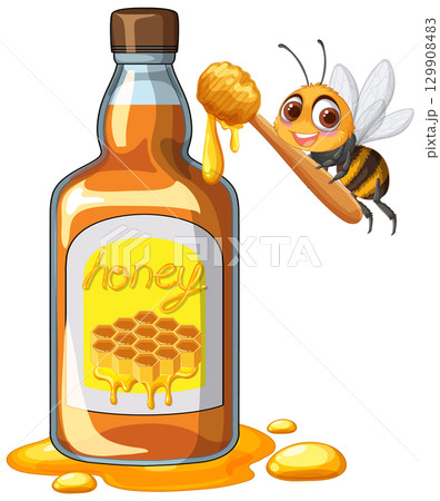 Cartoon Honey Bee With Honey Jar and Dipper Cartoon Honey Bee With Honey Jar and Dipper 129908483