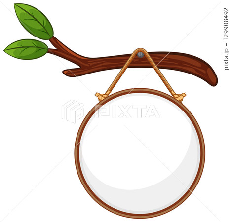Round Wooden Sign Hanging from Tree Branch Round Wooden Sign Hanging from Tree Branch 129908492