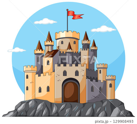 Medieval Stone Castle on Rocky Hill with Red Flag 129908493