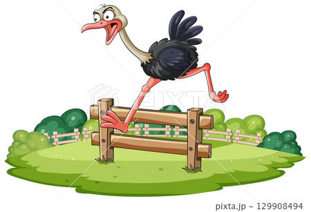 Cartoon Ostrich Jumping Over Wooden Fence in Field 129908494