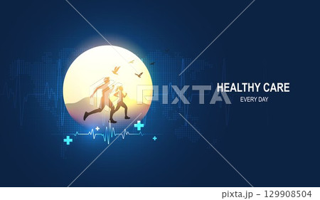 Healthy care every day with healthy lifestyle concept showing couple running under sun, heartbeat line, birds and medical symbols promoting heart care and wellness. healthcare medical focus heartbeat. Healthy care every day with healthy lifestyle concept showing couple running under sun, heartbeat line, birds and medical symbols promoting heart care and wellness. healthcare medical focus heartbeat. 129908504