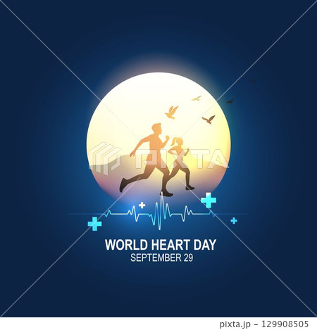 World Heart Day with healthy lifestyle concept showing couple running under sun, heartbeat line, birds and medical symbols promoting heart care and wellness. healthcare medical focus heartbeat. 129908505
