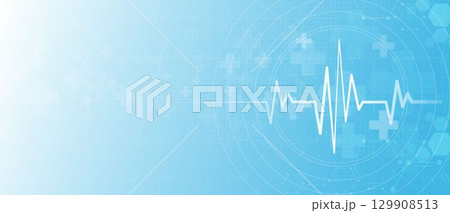 Abstract medical background with heartbeat ECG line, healthcare technology design, cardiology monitoring, hospital innovation, digital pulse and health care concept illustration. 129908513
