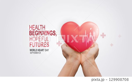 Heart health concept with hand holding red heart, heartbeat line, medical cross and family silhouette symbolizing love, protection, healthcare and wellness. 129908708