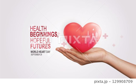 Heart health concept with hand holding red heart, heartbeat line, medical cross and family silhouette symbolizing love, protection, healthcare and wellness. Heart health concept with hand holding red heart, heartbeat line, medical cross and family silhouette symbolizing love, protection, healthcare and wellness. 129908709