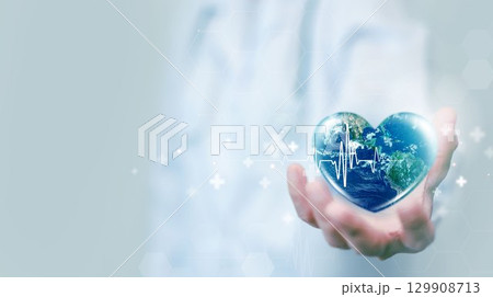 World heart day. health care medical focus heartbeat for checking the function of the patient heart. health insurance, love. heart attack and cardiology. elements of this image furnished by NASA. 129908713