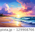 ドラマチックな夕焼けの海・雲が煌めく水彩画 129908766