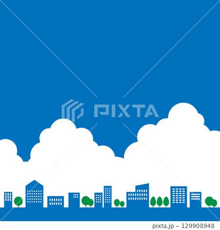 夏の街並みと青空のベクターイラスト素材（入道雲とビル群と街路樹） 129908948