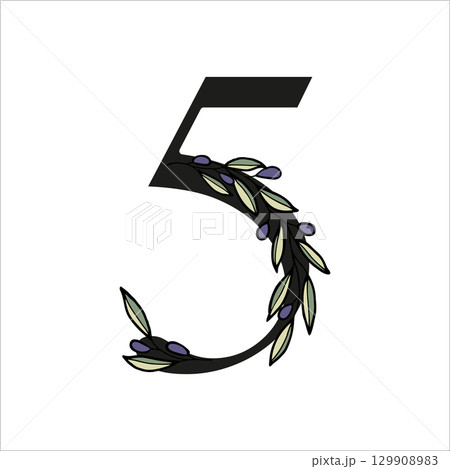 Olive branch alphabet number for decor of card or wedding invite. Vector hand drawn illustration for design Olive branch alphabet number for decor of card or wedding invite. Vector hand drawn illustration for design 129908983
