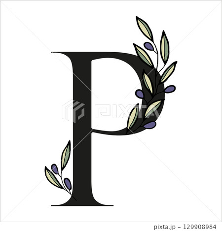 Olive branch alphabet letter for decor of card or wedding invite. Vector hand drawn illustration for design Olive branch alphabet letter for decor of card or wedding invite. Vector hand drawn illustration for design 129908984