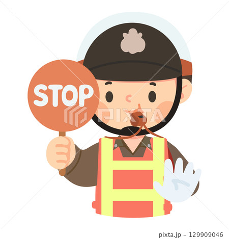 Cartoon Illustration of Traffic Controller Holding Stop Sign Cartoon Illustration of Traffic Controller Holding Stop Sign 129909046