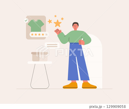 Flat vector illustration of a man providing feedback and review to an online shop, e-commerce concept. Vector flat cartoon style. 129909058