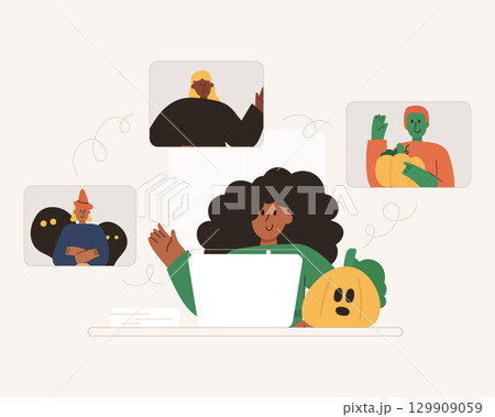 Office team wearing halloween costumes in online video conference meeting. Spooky business meeting concept. Halloween festive party. 129909059