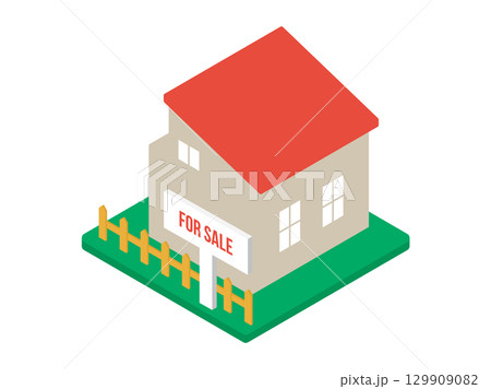 For Sale の看板が立っている住宅（売家）のアイソメトリックイラスト・不動産物件 129909082