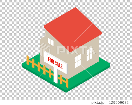 For Sale の看板が立っている住宅（売家）のアイソメトリックイラスト・不動産物件 129909082