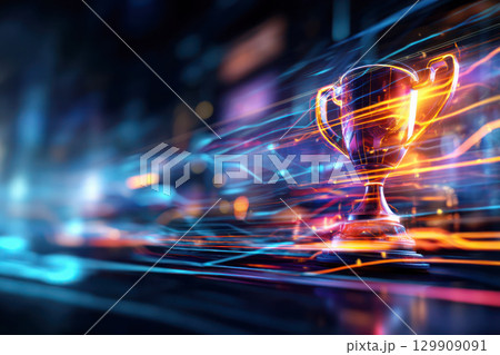Glowing trophy on a sleek surface with vibrant light trails, symbolizing achievement and success in a dynamic and modern environment 129909091