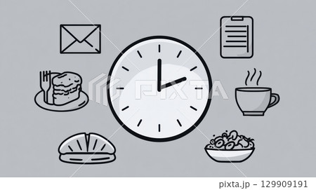 Clock Showing Time With Food, Cup, and Paperwork Illustrations Depicting Daily Life Activities and Schedules Clock Showing Time With Food, Cup, and Paperwork Illustrations Depicting Daily Life Activities and Schedules 129909191