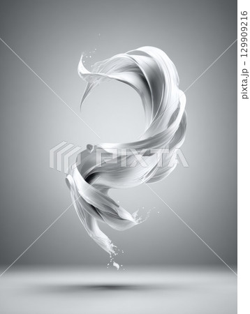 Abstract Swirling Silver Motion Depicting Fluidity and Elegance in a Minimalist Grey Background Environment 129909216