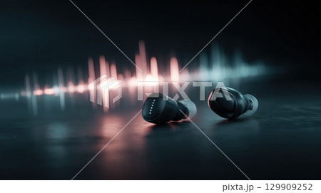 Wireless Earbuds Emit Glowing Audio Waves in a Minimal Dark Environment Showcasing Modern Technology 129909252