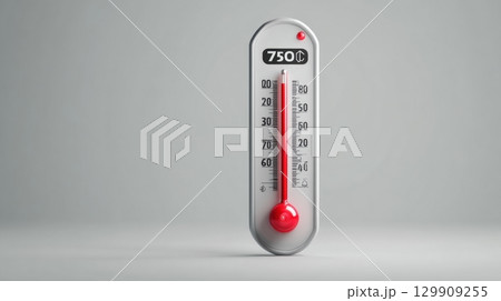 High Temperature Displayed on a Thermometer With a Red Warning Icon Against a Clean Digital Background Indicating Potential Heat Hazards 129909255