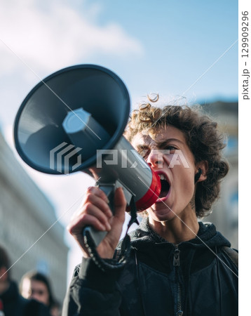 Protester Passionately Advocating for Freedom of Speech With a Megaphone During a Demonstration in an Urban Setting 129909296