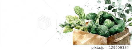 Watercolor Depiction of Leafy Greens Spilling From a Paper Bag Against a Clean Background in a Fresh and Vibrant Style 129909384