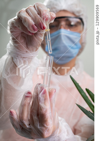 Researcher Conducts Study on Aloe Plant Extract Applications in a Laboratory Setting 129909569